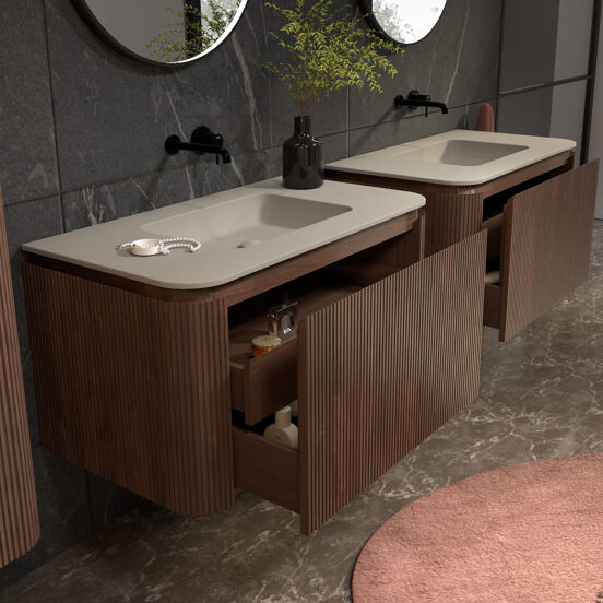 Balmani Moon hängendes Möbelstück Set: 100 x 55 cm, Amerikanischer Nussbaum, mit Moon Einzelwaschtisch, Top Solid, Seidengrau, Vertikale symmetrische gerade Rippe