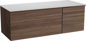 Balmani Forma zwevend badkamermeubel 135 x 55 cm amerikaanse notelaar met Stretto enkel of dubbel tablet in solid surface mat wit, Horizontale symmetrische rechte ribbel