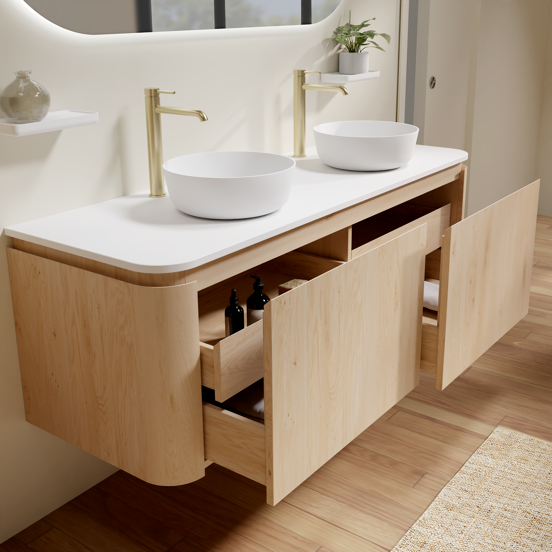 Balmani Moon meuble salle de bains suspendu 160 x 55 cm chêne naturel avec Moon tablette simple ou double en solid surface blanc mat