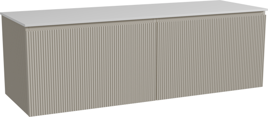 Storke Ribs zwevend badmeubel 150 x 52 cm zijdegrijs met Tavola enkel of dubbel wastafelblad in solid surface mat wit, Verticale symmetrische rechte ribbel