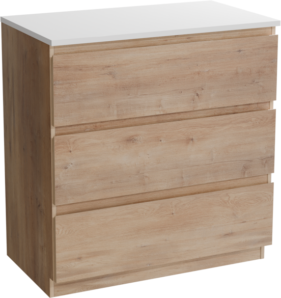 Linie Lado freistehendes Möbelstück Set: 80 x 46 cm, Naturbelassene Eiche, mit Lado Einzel Waschtischplatte, Marmorkomposit Weiß matt