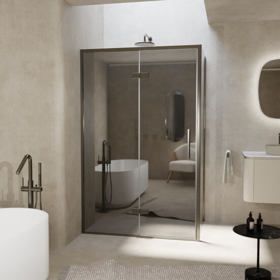 Balmani Senses Design douchehoek met linkse draaideur en vaste zijwand, 120 x 100 cm, Reflex spiegelglas, Brushed GunMetal profielen, met coating