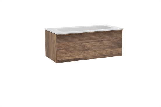 Balmani Forma zwevend badkamermeubel 120 x 55 cm amerikaanse notelaar met Tablo Strada enkele wastafel in composietmarmer glanzend wit, Horizontale symmetrische rechte ribbel