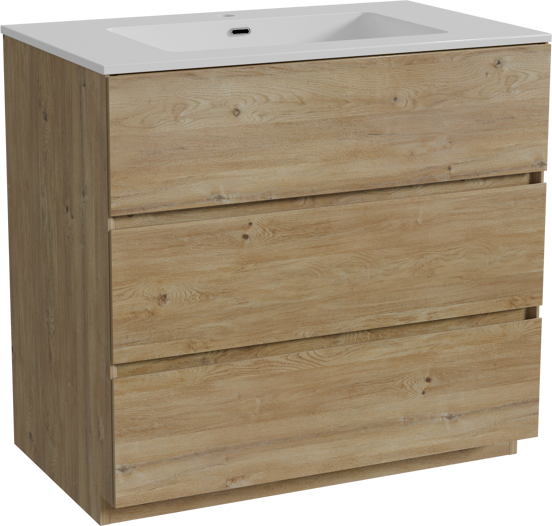 Storke Edge staand badmeubel 85 x 52 cm ruw eiken met Diva enkele wastafel in composietmarmer hoogglans wit