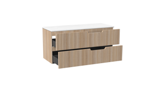 Linie Ribbo zwevend badkamermeubel 120 x 46 cm lichte eik met Lado dubbel tablet in composietmarmer mat wit, Verticale symmetrische ronde ribbel