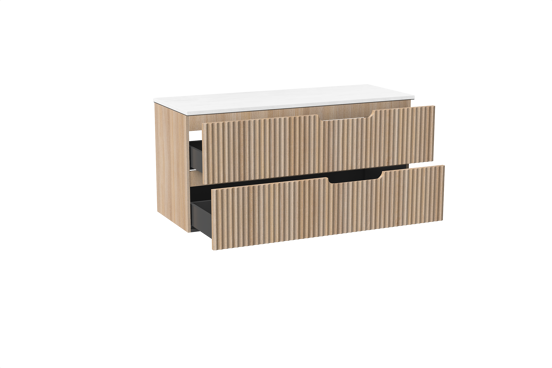Linie Ribbo meuble salle de bains suspendu 120 x 46 cm chêne clair avec Lado tablette double en marbre composite blanc mat, Nervure circulaire symétrique verticale