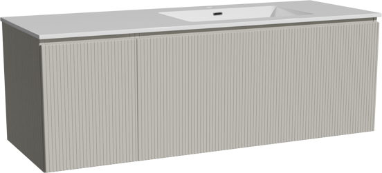 Storke Ribs zwevend badmeubel 140 x 52 cm zijdegrijs met Diva asymmetrisch rechtse wastafel in composietmarmer hoogglans wit, Verticale symmetrische rechte ribbel