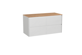 Storke Seda zwevend badmeubel 120 x 52 cm mat wit met Panton enkel of dubbel wastafelblad in melamine ruw eiken