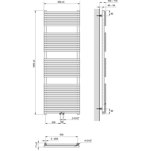 Radiateur sèche serviette électrique miroir - 800 Watts - 180 x 40 cm  vertical