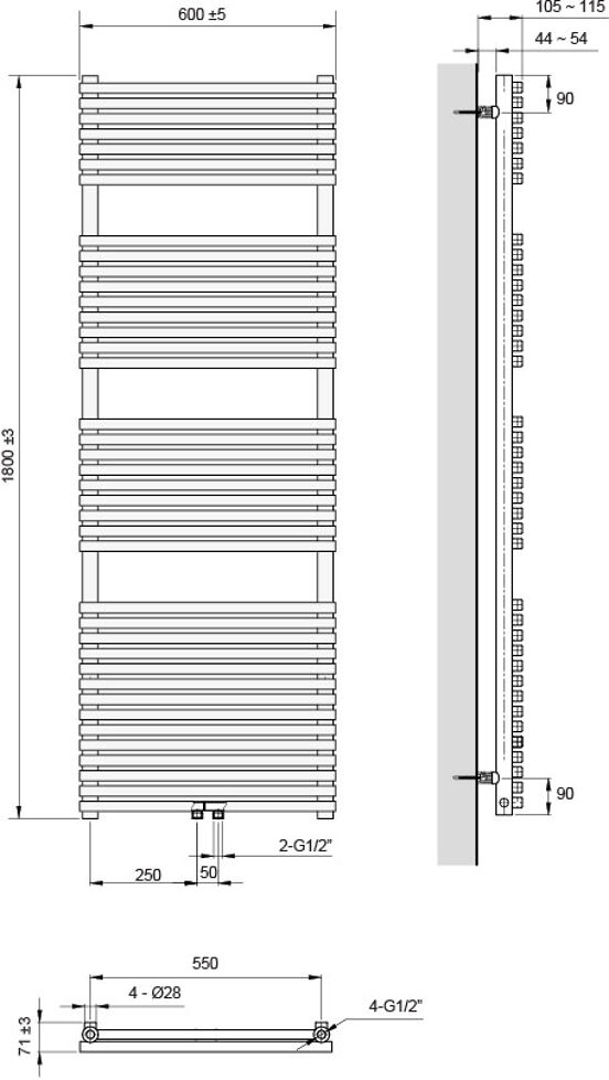 Vipera Vesuvio einzel Handtuchheizkörper 60 x 180 cm elektrische Heizung schwarz matt Seiten- und Mittelanschluss 1.385W, inkl. Widerstand, nicht für Deutschland geeignet