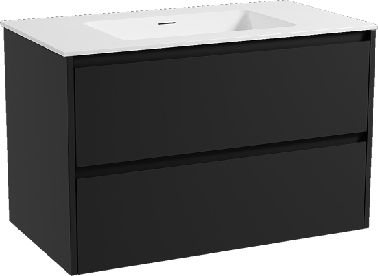 Storke Seda zwevend badkamermeubel 95 x 52 cm mat zwart met Mata enkele wastafel in solid surface mat wit