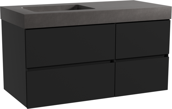 Storke Edge zwevend badmeubel 110 x 52 cm mat zwart met Scuro High asymmetrisch linkse wastafel in kwarts mat zwart