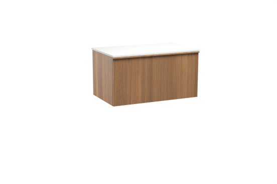 Balmani Forma hängendes Möbelstück Set: 90 x 55 cm, Teak, mit Stretto Einzel Waschtischplatte, Solid Surface, Weiß matt, Vertikale symmetrische gerade Rippe