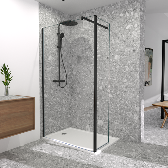 Balmani Move Walk-In Dusche: Bewegliche Seitenwand, 120 x 200 cm, Klarglas, Schwarzes Profil, matt