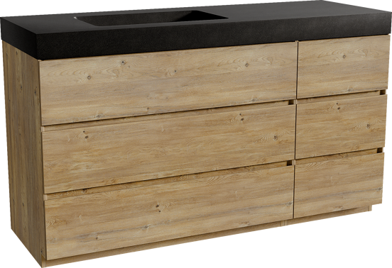 Storke Edge meuble salle de bains à poser 150 x 52 cm chêne brut avec Scuro High plan vasque asymétrique à gauche en quartz noir mat