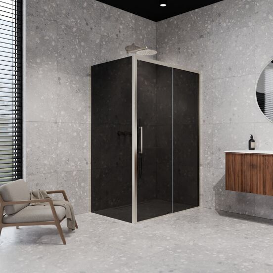 Balmani Senses Design douchecabine met rechtse schuifdeur en vaste zijwand, 120 x 90 cm, Rookglas, Brushed CoolMetal profielen