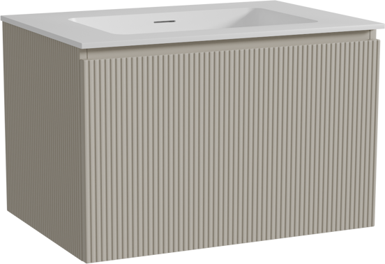 Storke Ribs meuble salle de bains suspendu 75 x 52 cm soie grise avec Mata plan simple en solid surface blanc mat, Nervure droite symétrique verticale
