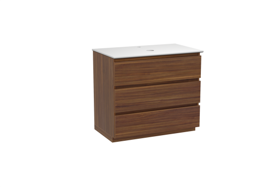 Balmani Lucida freistehendes Möbelstück Set: 90 x 55 cm, Amerikanischer Nussbaum, mit Facetta Einzel Waschtischplatte, Solid Surface Weiß matt