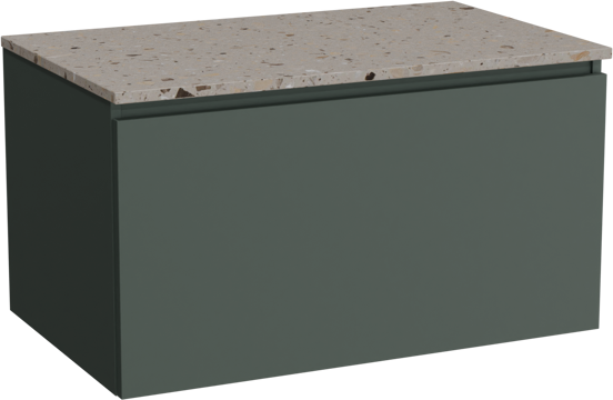 Balmani Sfera hängendes Möbelstück Set: 90 x 55 cm, Forest, mit Stretto Einzel Waschtischplatte, Terrazzo in Greige