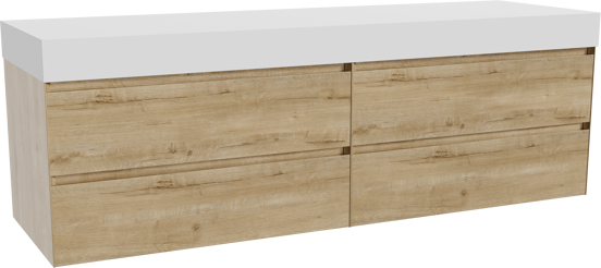 Balmani Mitra zwevend badkamermeubel 180 x 55 cm ruwe eik met Dominus enkel of dubbel tablet in solid surface mat wit