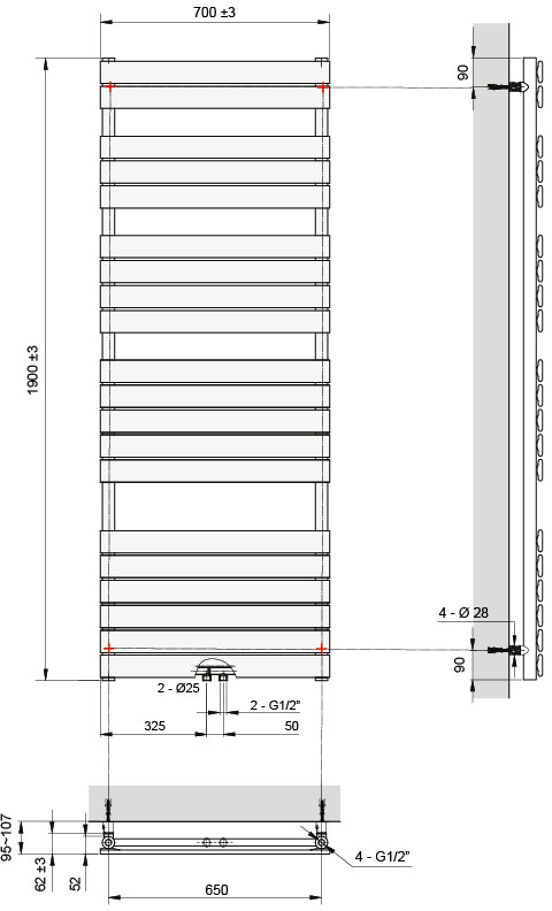 Vipera Vulcan sèche-serviettes simple 70 x 190 cm chauffage électrique blanc brillant raccordement latéral et central 1.575W, résistance incluse