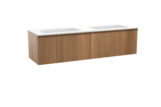 Balmani Forma meuble salle de bains suspendu 180 x 55 cm teck avec Tablo Strada double vasque en marbre composite blanc mat, Nervure droite symétrique verticale