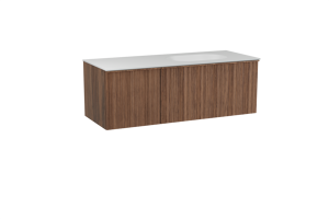 Balmani Forma hängendes Möbelstück Set: 135 x 55 cm, Amerikanischer Nussbaum, mit Tablo Oval Waschtisch rechts, Solid Surface, Weiß matt, Vertikale asymmetrische Runde Rippe