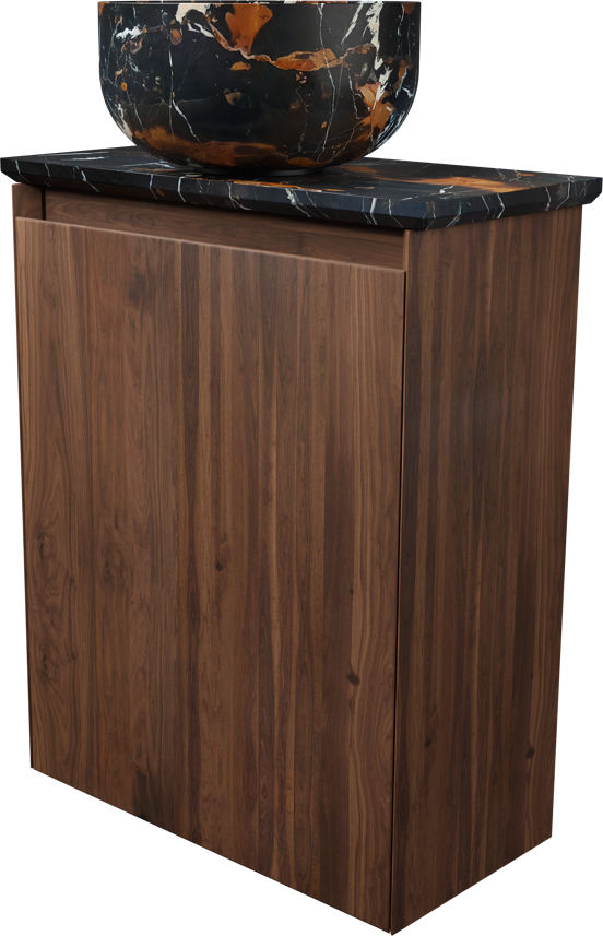 Balmani Mitra zwevend toiletmeubel 42 x 21 cm amerikaans notenhout met Facetta wastafelblad en Bowl waskom in Portoro Gold marmer