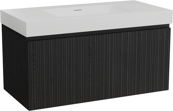 Storke Ribs meuble salle de bains suspendu 105 x 52 cm chêne noir avec Mata High plan simple en solid surface blanc mat, Nervure droite asymétrique verticale