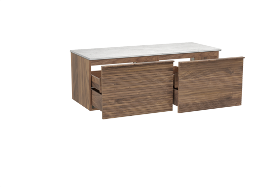 Balmani Forma hängendes Möbelstück Set: 135 x 55 cm, Amerikanischer Nussbaum, mit Stretto Einzel- oder Doppel Waschtischplatte, Marmor, Carrara, Horizontale symmetrische gerade Rippe