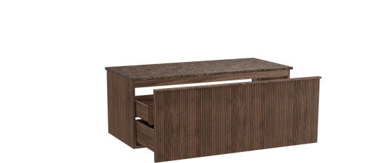 Balmani Forma hängendes Möbelstück Set: 120 x 55 cm, Amerikanischer Nussbaum, mit Stretto Einzel- oder Doppel Waschtischplatte, Marmor, Dark Emperador, Vertikale symmetrische gerade Rippe