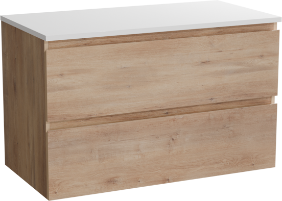 Linie Lado hängendes Möbelstück Set: 90 x 46 cm, Naturbelassene Eiche, mit Lado Einzel Waschtischplatte, Marmorkomposit Weiß glänzend