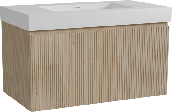 Storke Ribs hängendes Möbelstück Set: 95 x 52 cm, Rohe Eiche, mit Mata High Einzelwaschtisch, Solid Surface, Weiß matt, Vertikale symmetrische gerade Rippe