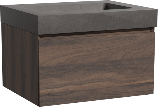 Storke Edge meuble salle de bains suspendu 65 x 52 cm noyer avec Scuro High plan simple en quartz noir mat