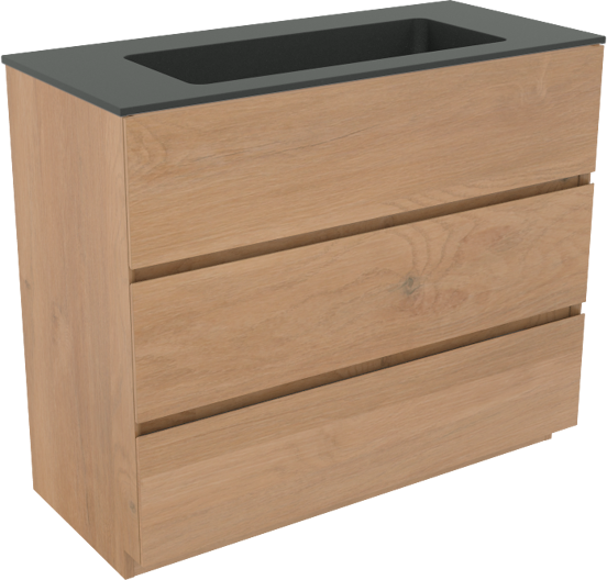 Storke Edge staand badkamermeubel 100 x 46 cm ruwe eik met Scuro enkele wastafel in kwarts mat zwart