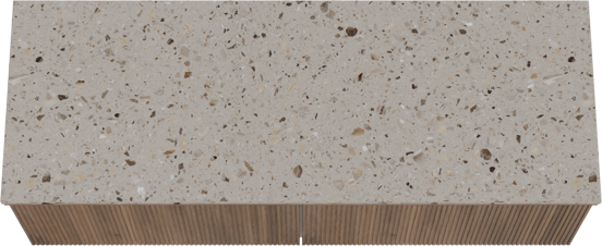Balmani Forma zwevend badkamermeubel 150 x 55 cm amerikaanse notelaar met Stretto enkel of dubbel tablet in terrazzo greige terrazzo, Verticale symmetrische rechte ribbel