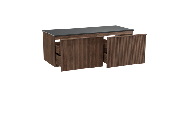 Balmani Forma hängendes Möbelstück Set: 135 x 55 cm, Amerikanischer Nussbaum, mit Stretto Einzel- oder Doppel Waschtischplatte, Granit, Schwarzes Granit, Vertikale symmetrische gerade Rippe
