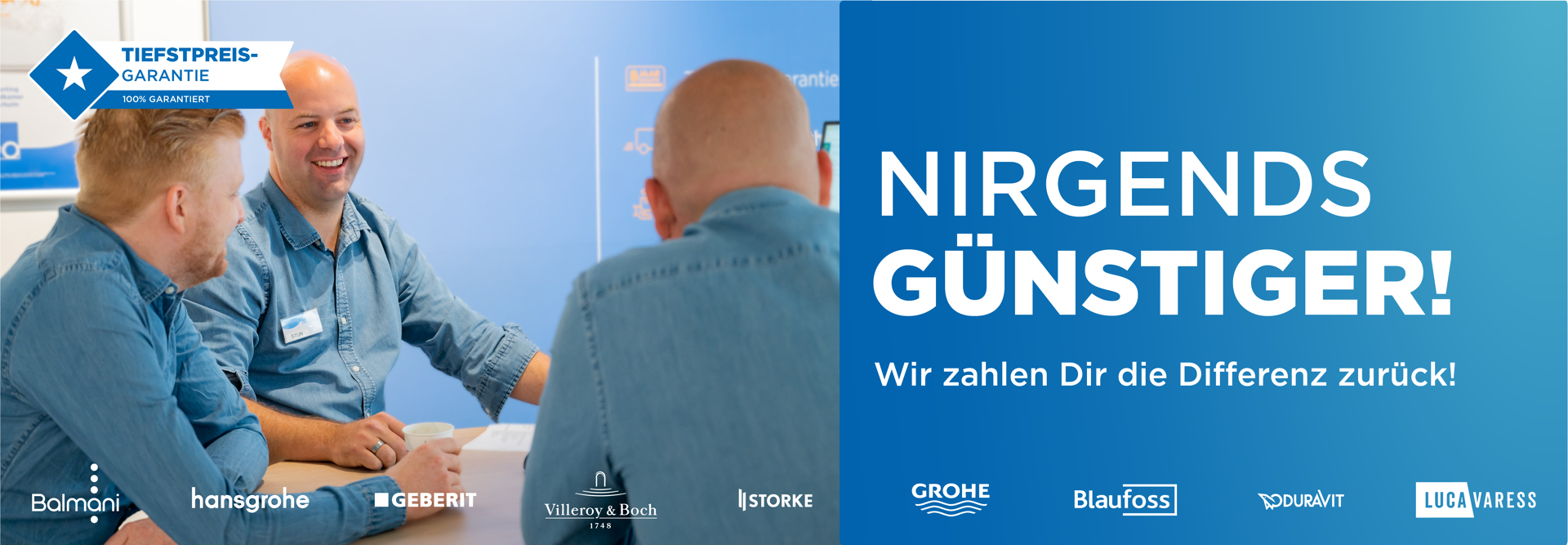 Banner van de Tiefstpreisgarantie van X2O Badkamers met de tekst 'Nirgends günstiger! Wir zahlen Dir die Differenz zurück!' en logo's van verschillende merken zoals Balmani, Hansgrohe, Geberit, Villeroy & Boch, Storke, Grohe, BlauFoss, Duravit en LucaVaress.