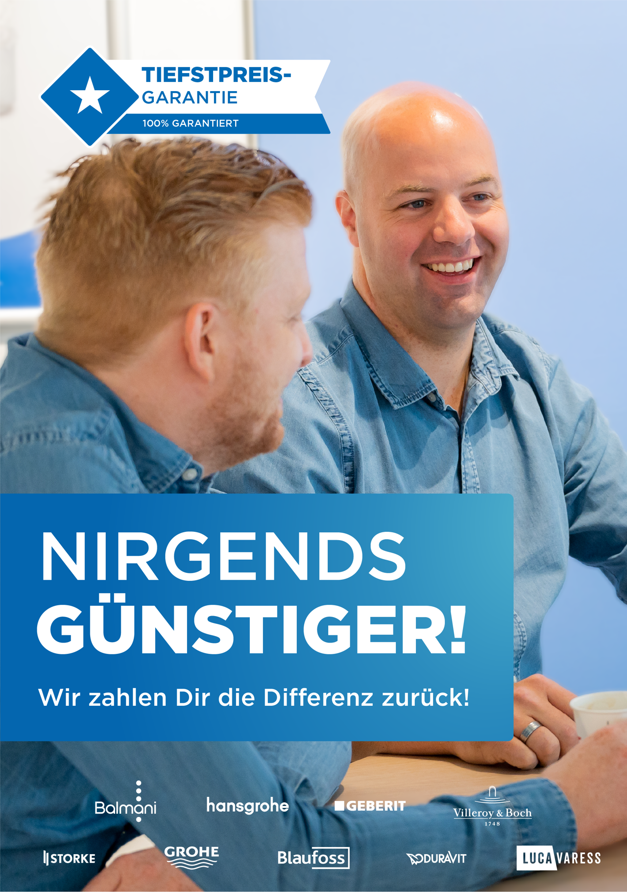 Banner van de Tiefstpreisgarantie van X2O Badkamers met de tekst 'Nirgends günstiger! Wir zahlen Dir die Differenz zurück!' en logo's van verschillende merken zoals Balmani, Hansgrohe, Geberit, Villeroy & Boch, Storke, Grohe, BlauFoss, Duravit en LucaVaress.