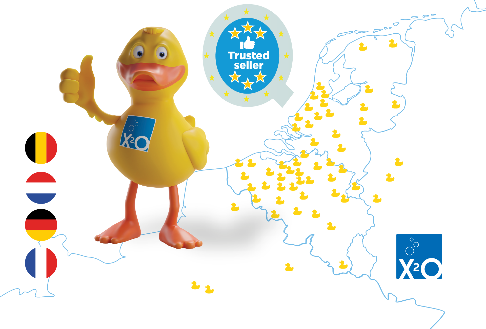 X²O mascotte badeend met duim omhoog voor een kaart van België, Nederland, Duitsland en Frankrijk, met tientallen eendjes die X²O badkamers showrooms aanduiden.