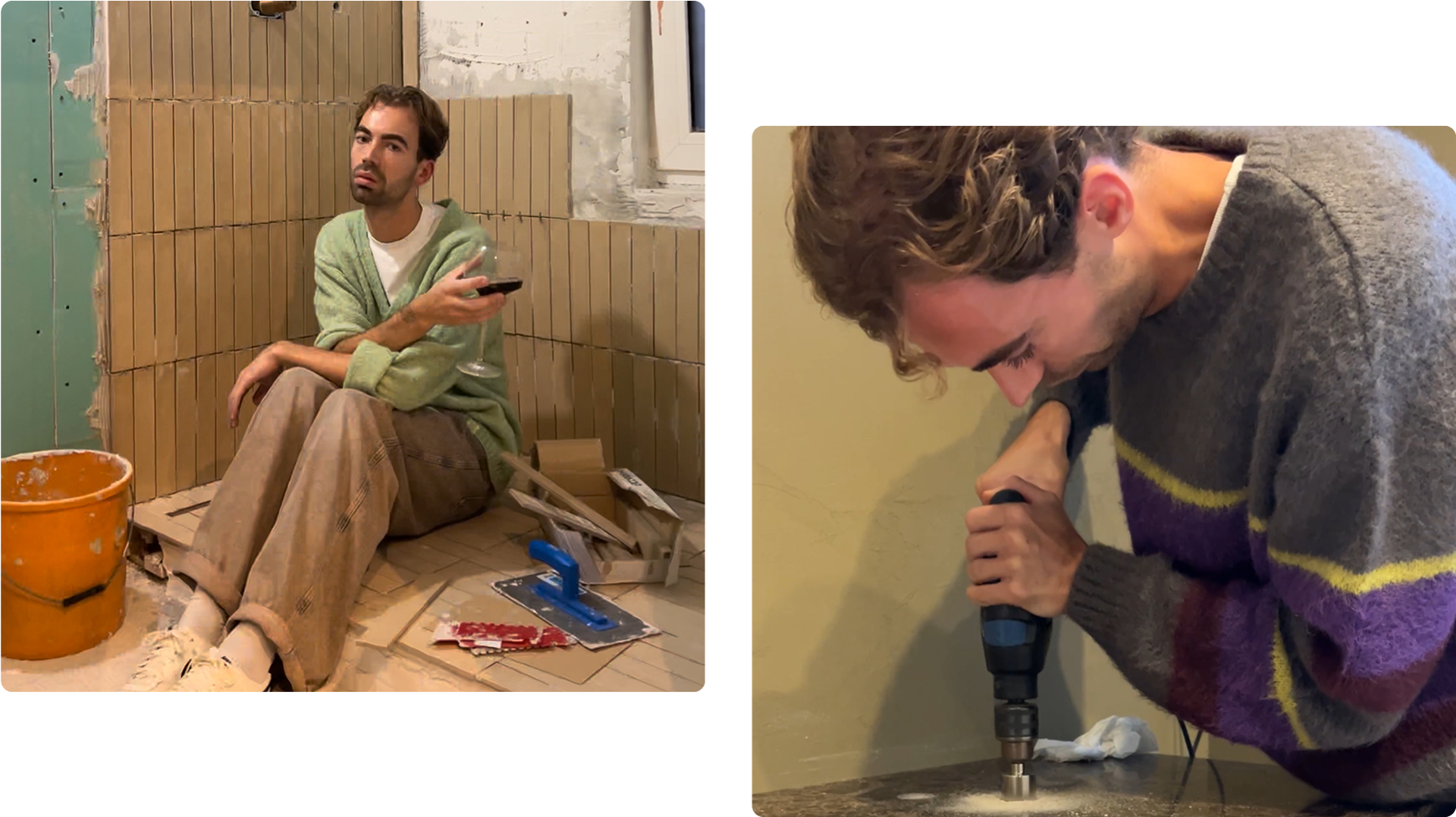 Daan Alferink boort zorgvuldig in het badkamerwerkblad voor installatie.