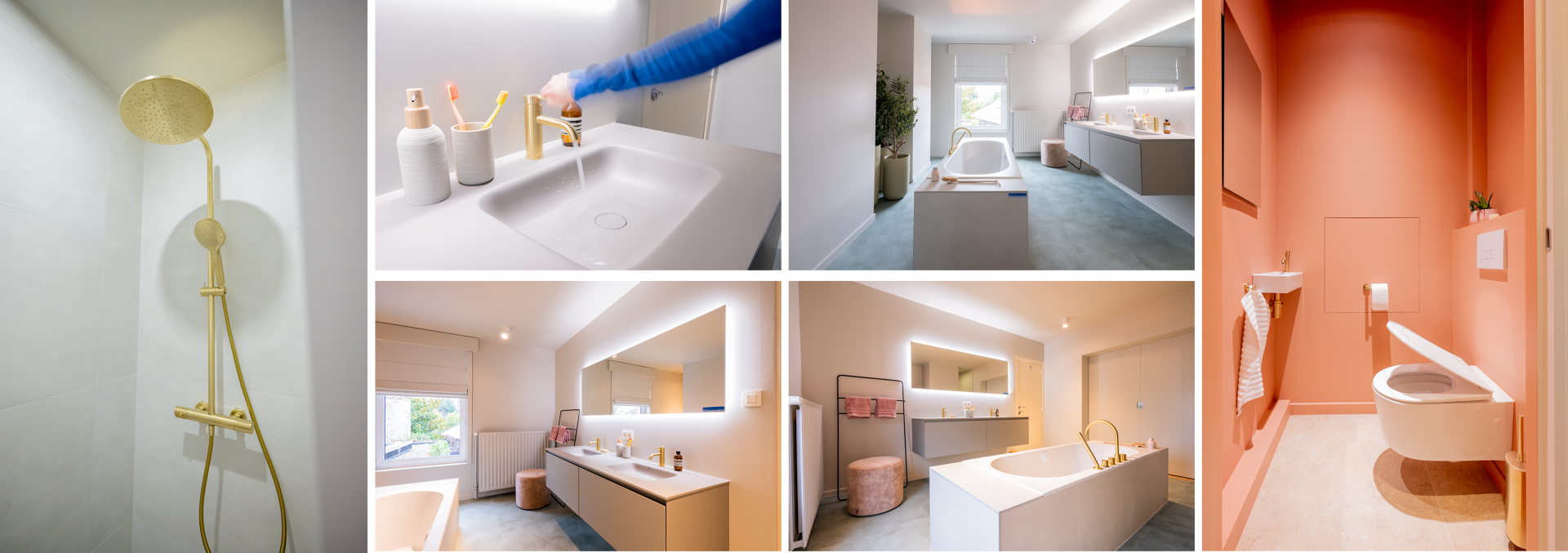 Luxuriöses Ensuite-Badezimmer mit freistehender Badewanne, Doppelwaschbecken, goldenen Armaturen und zarten Rosétönen in heller, moderner Einrichtung.