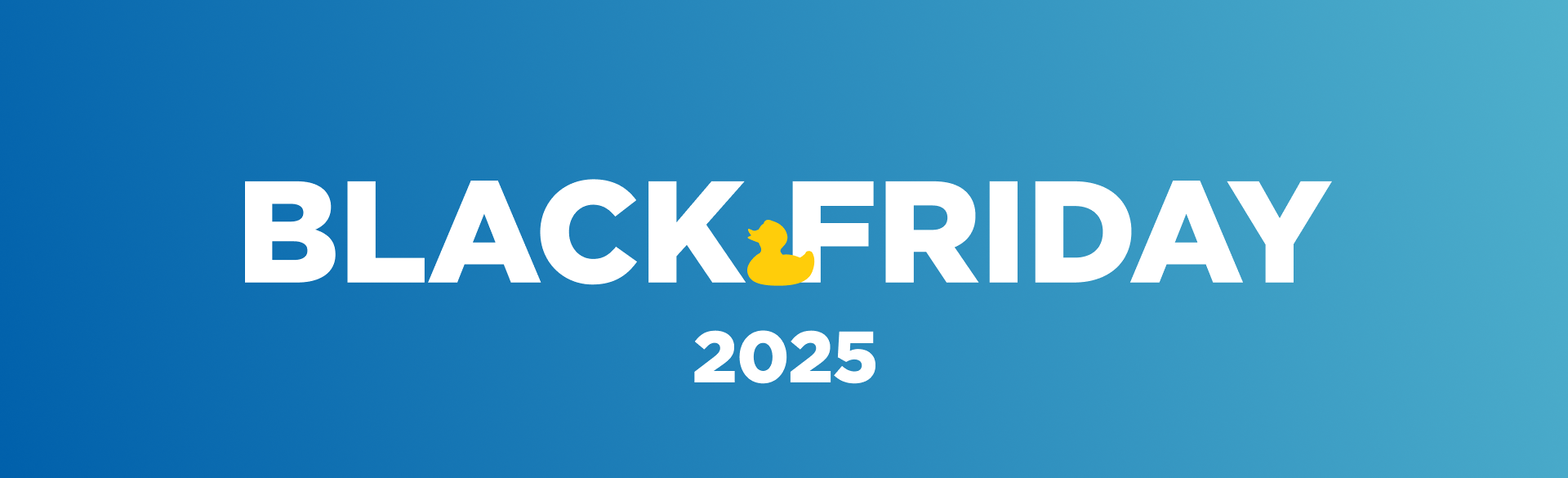 Black Friday 2025 promotiebeeld van X²O Badkamers met witte tekst op een blauwe achtergrond en een geel eendje verwerkt in het woord “FRIDAY”.