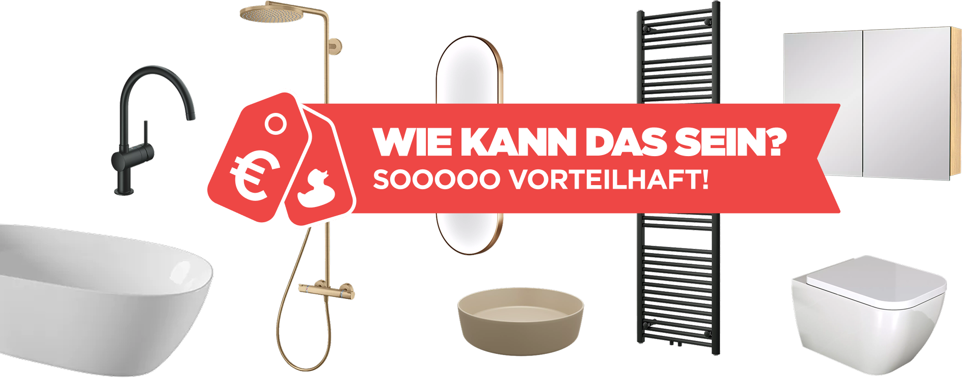 Verschiedene Badezimmerobjekte wie Wasserhahn, Badewanne, Spiegel, Waschschale, Dusche, Heizkörper, Schränke und WC auf weißem Hintergrund. In der Mitte ein rotes Banner mit der Aufschrift „Wie kann das sein? Sooooo vorteilhaft!“ von x²o badkamers.