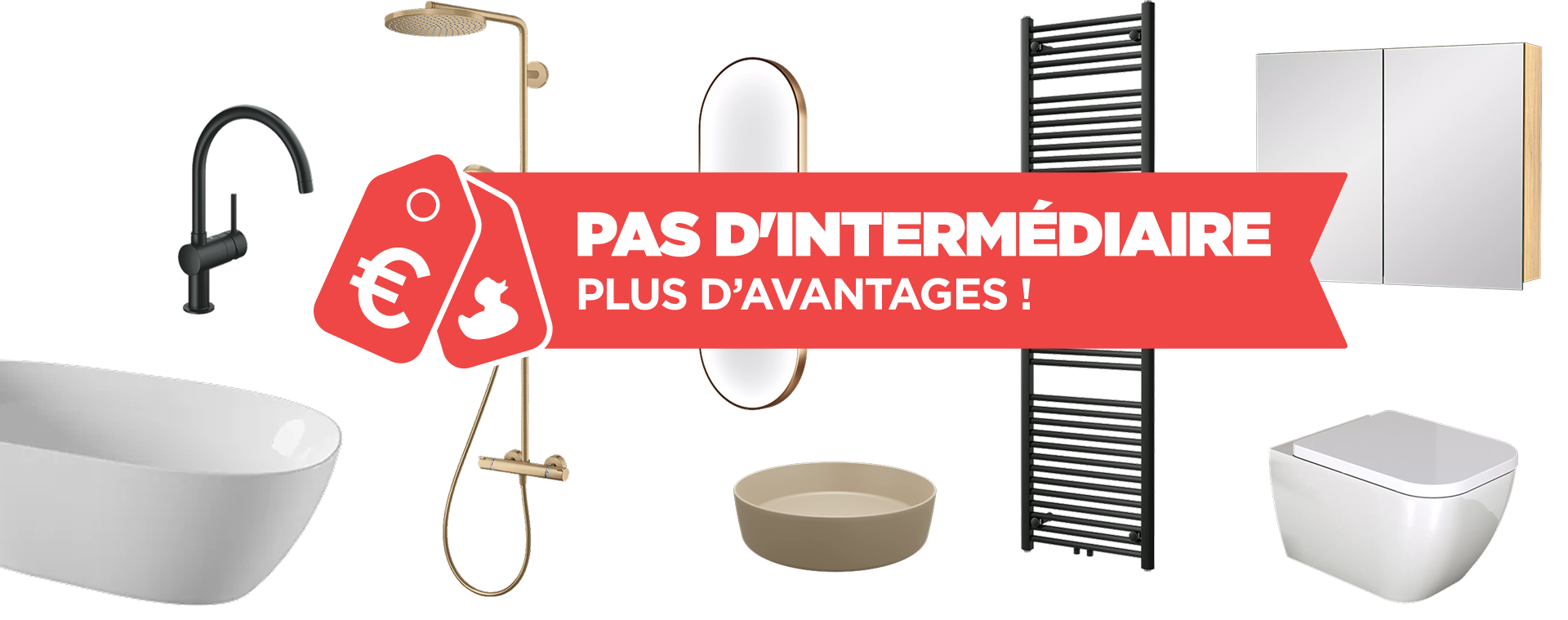 Différents éléments de salle de bain comme un robinet, une baignoire, un miroir, une vasque, une douche, un radiateur, des armoires et des toilettes sont affichés sur fond blanc avec une bannière rouge au centre portant le texte « Comment est-ce possible ? Tellement avantageux ! » pour x²o badkamers.