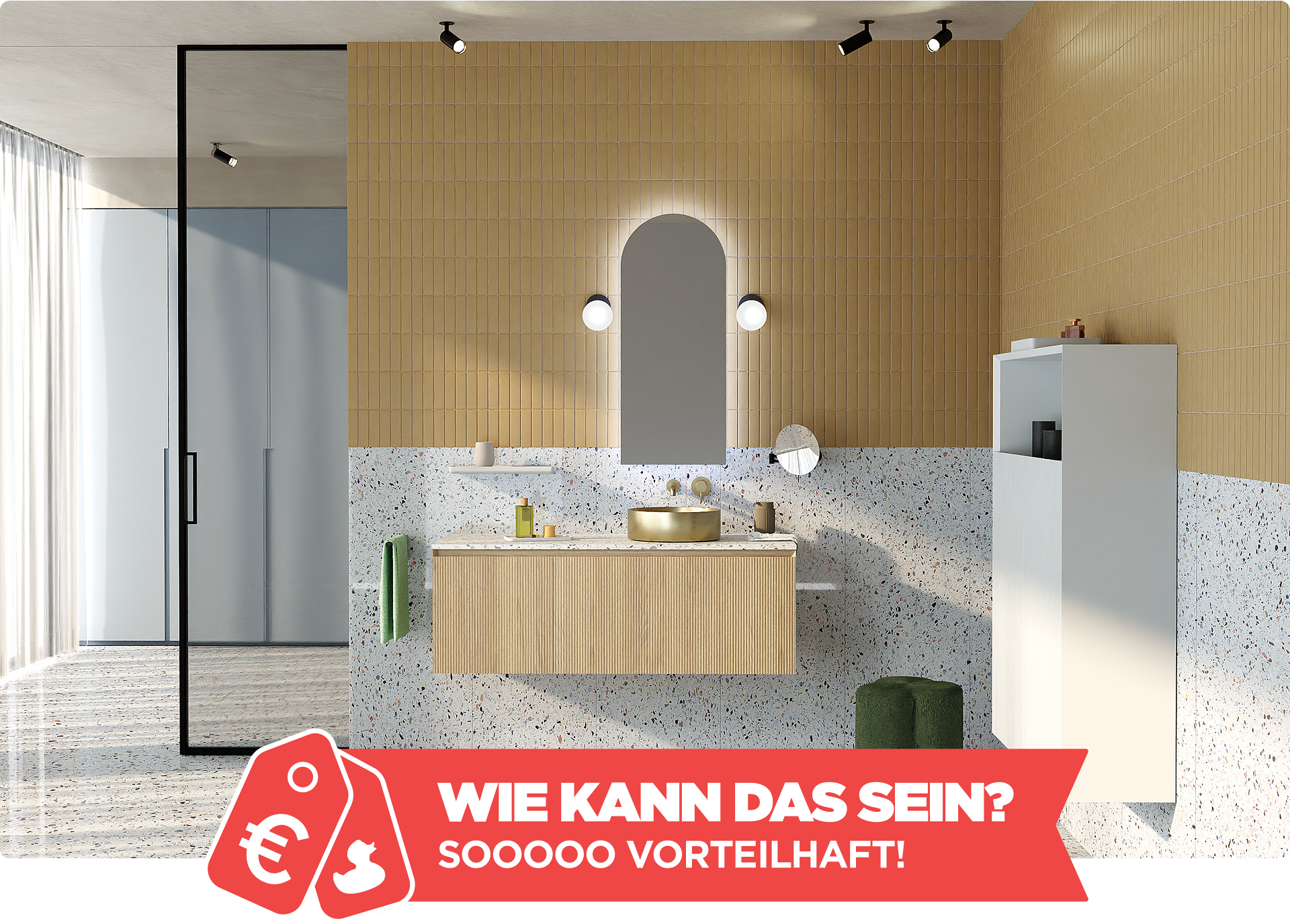Ein stilvolles Badezimmer mit beigen Wandfliesen und einem Waschtisch aus Holz unter einem beleuchteten Spiegel mit Bogenform. Unten steht der Text „Wie kann das sein? Sooooo vorteilhaft!“ von x²o badkamers.