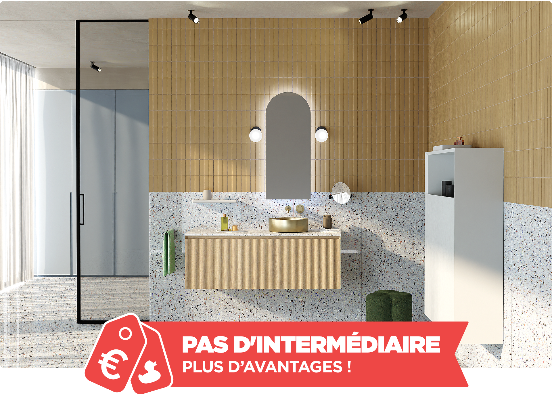 Une salle de bain élégante avec des murs en carrelage beige et un meuble lavabo en bois sous un miroir voûté éclairé. Le texte en bas dit « Comment est-ce possible ? Tellement avantageux ! » pour x²o badkamers.