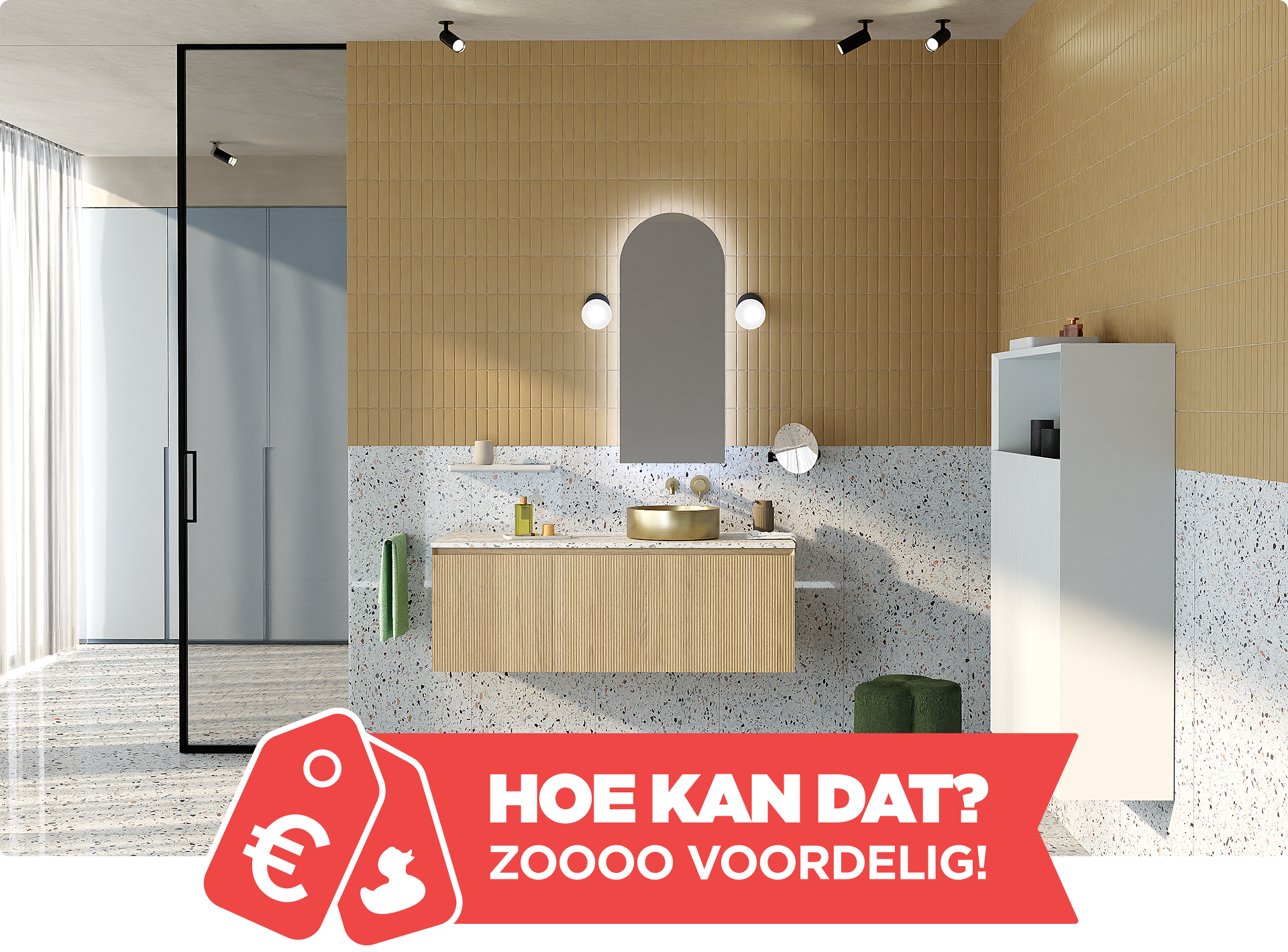 Een stijlvolle badkamer met beige wandtegels en een houten wastafelmeubel onder een verlicht boogvormige spiegel. Onderaan staat de tekst "Hoe kan dat? Zoooo voordelig!" van x²o badkamers.