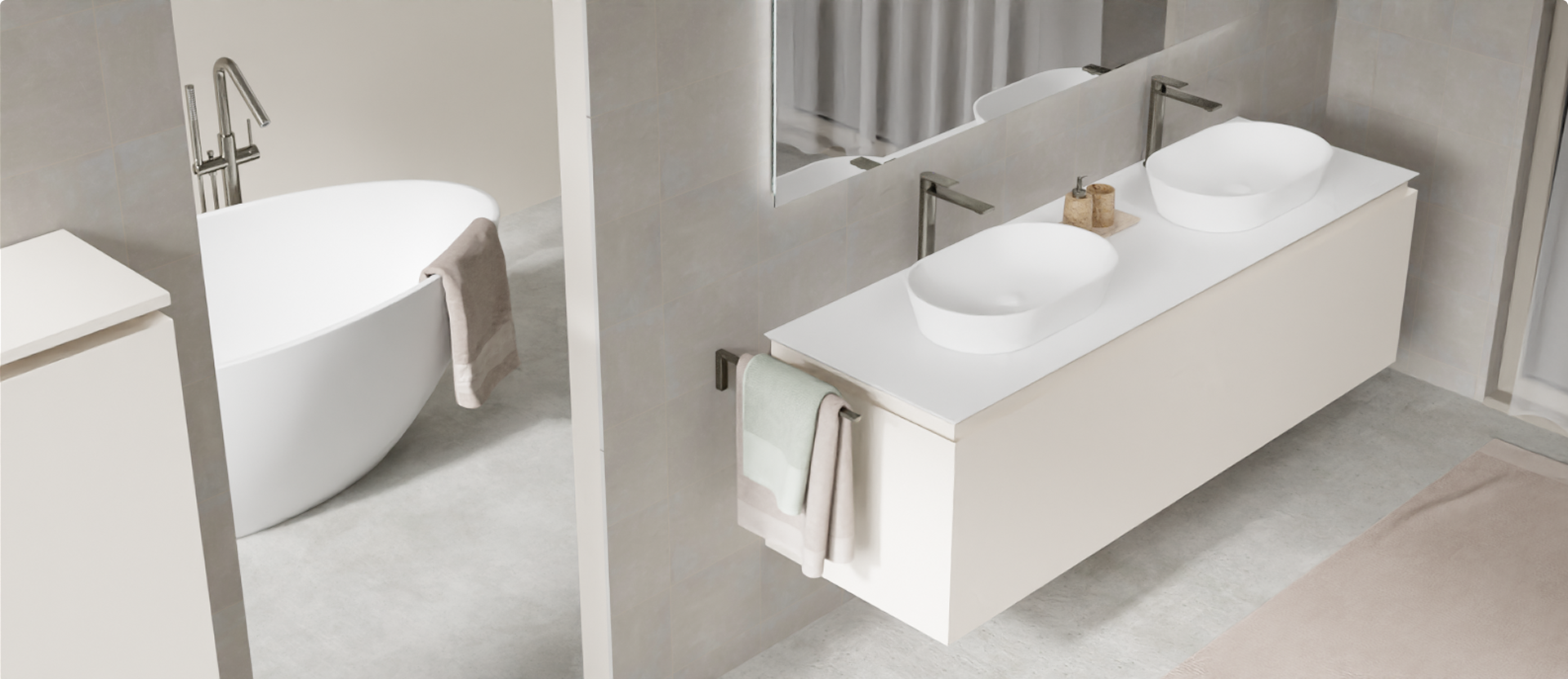 Une salle de bain lumineuse avec une baignoire blanche moderne, un meuble double vasque blanc en suspension, et des serviettes pastel. Une ambiance zen chez x²o badkamers.