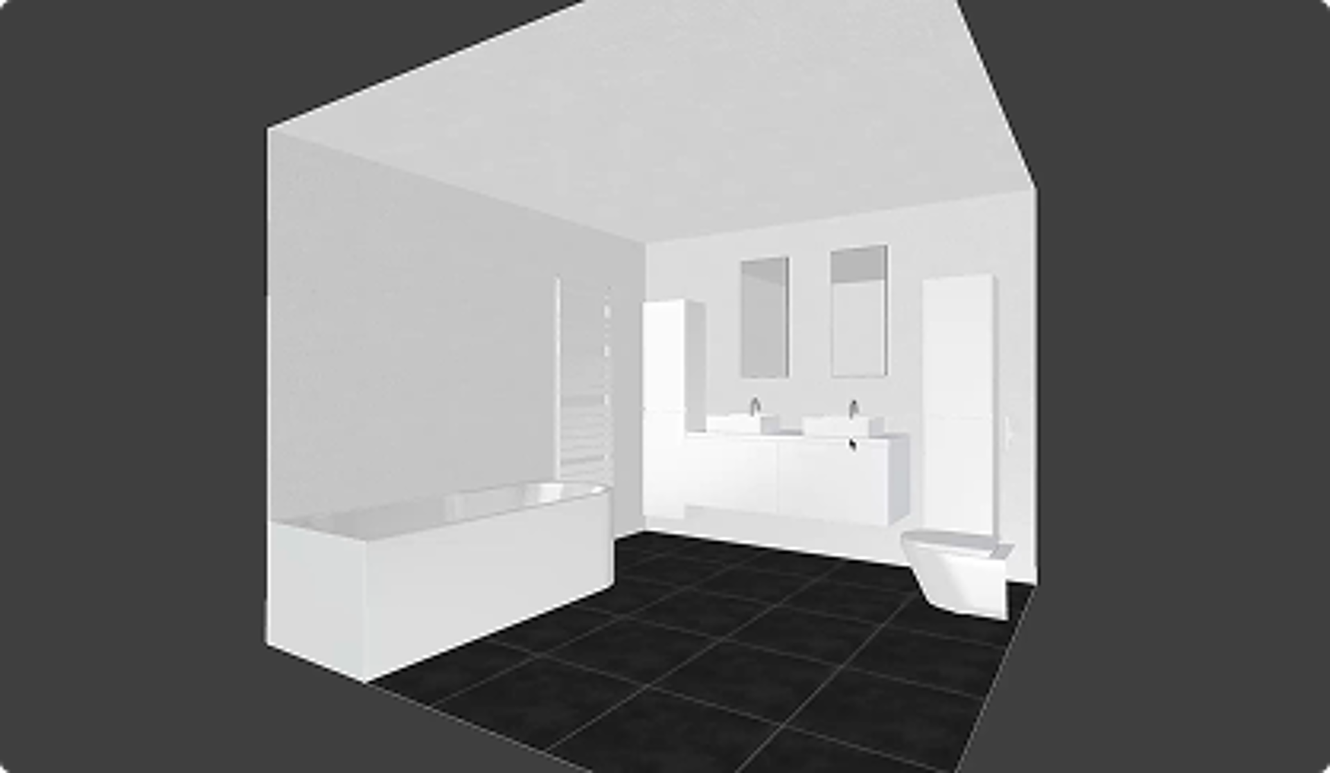 3D-Entwurf eines x²o Bads in Schwarz-Weiß. Links eine Badewanne, rechts ein WC und ein Doppelwaschplatz mit Spiegeln. Der Boden ist schwarz gefliest, die Möbel sind modern und minimalistisch gestaltet.